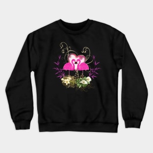 Flamingo in love, heart and flowers Crewneck Sweatshirt